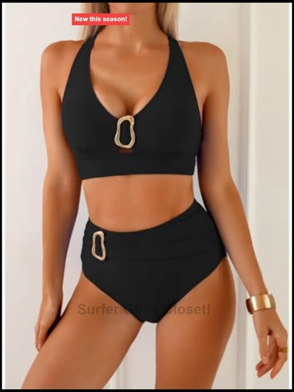 High Waisted Bikini Sets Crisscross Back V Neck Metal Ring Summer Bathing Suit